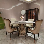 Purple-Veined White Marble Round Dining Table with Sculptural Rose Gold Base